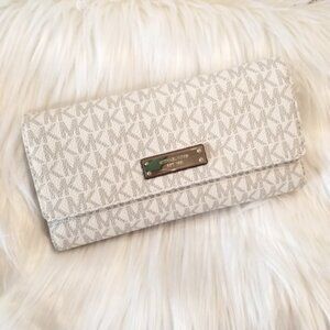 Michael Kors Jet Set White Digital Pin Dot MK Trifold Checkbook Wallet/Pen NWOT